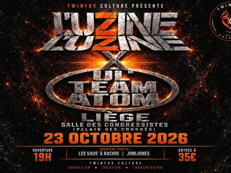 Affiche officielle du concert L'Uzine × Ul'Team Atom au Palais des Congrès de Liège, le 23 octobre 2026