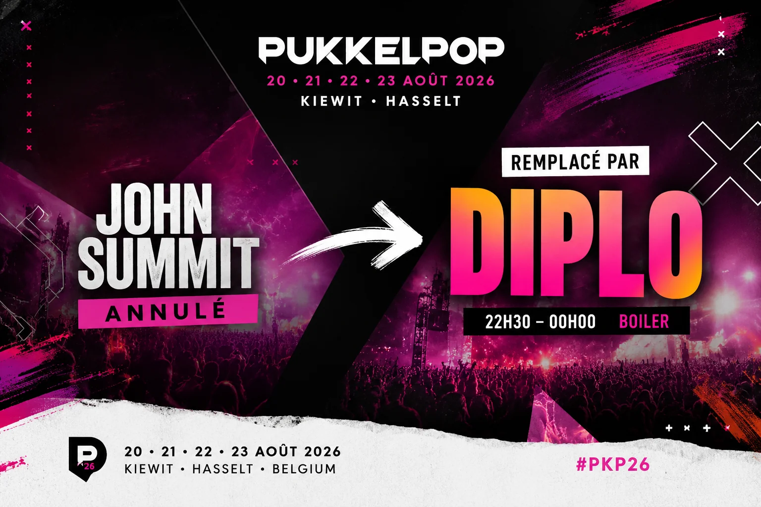 Illustration de l'article Pukkelpop 2026 sur l'annulation de John Summit et son remplacement par Diplo